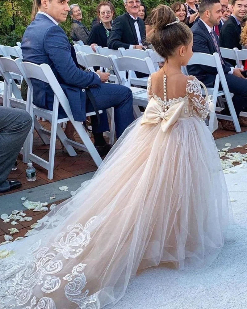 Flower Girl Dresses For Weddings Long Sleeve Lace Tulle Bow Back Children's Elegant Dress vestidos para niñas