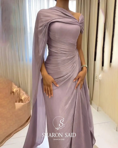 2026 Women's Elegant Evening Dresses with Draped Cape Formal Birthday Gown Pink One Shoulder Arabic SF199 Customized