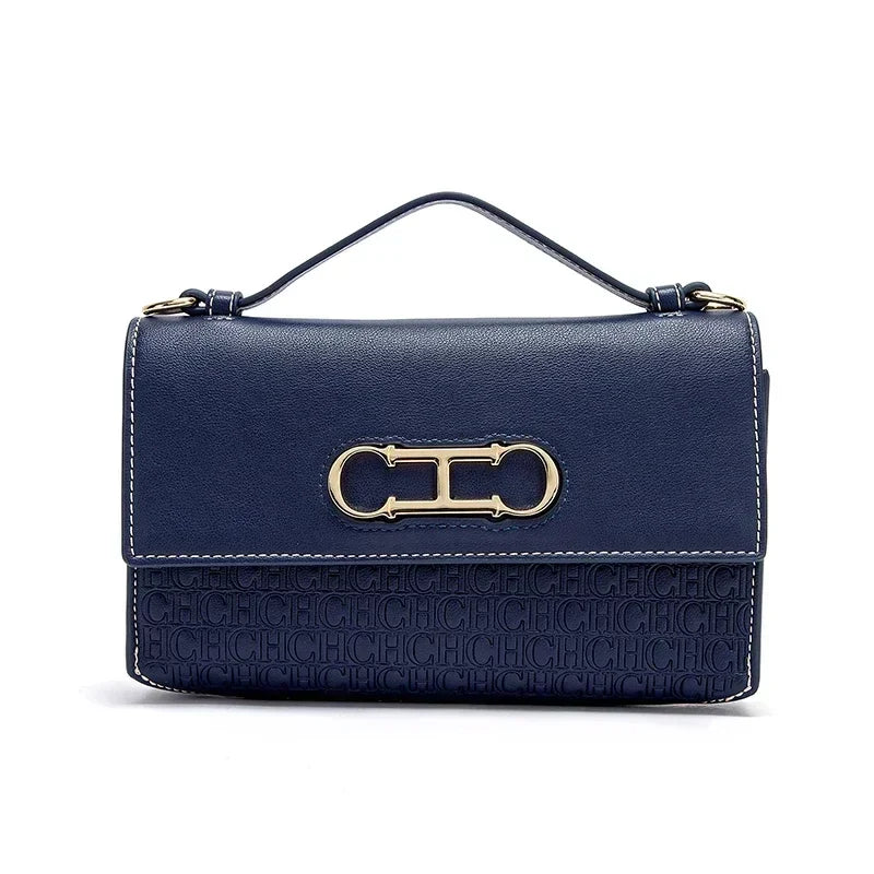Premium Leather Handbag Monogram Embossing Metallic Clasp Portable Handle Structured Silhouette Ideal Office Evening Events