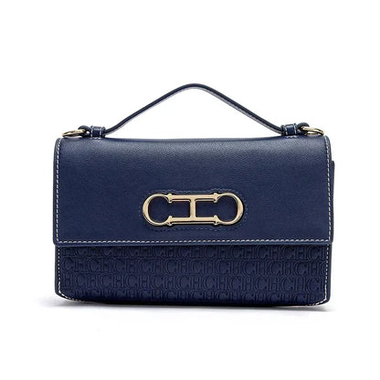 Premium Leather Handbag Monogram Embossing Metallic Clasp Portable Handle Structured Silhouette Ideal Office Evening Events
