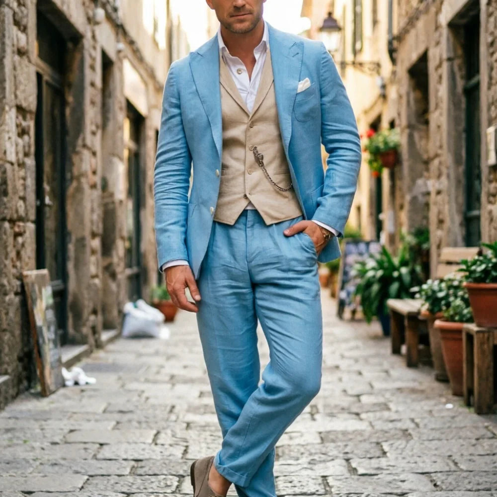 Sage Green Linen Men 3 Piece Suit Breathable Slim Fit Summer Beach Formal Wear For Wedding Business Party Occasion Outfit
