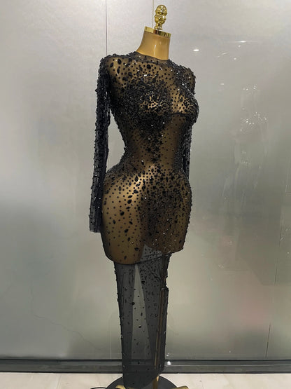 Sexy Shinny Rhinestone Stretch Mesh Transparent Long Dress 2025New Women Evening Birthday Party Prom Nightclub Singer Stage Wear