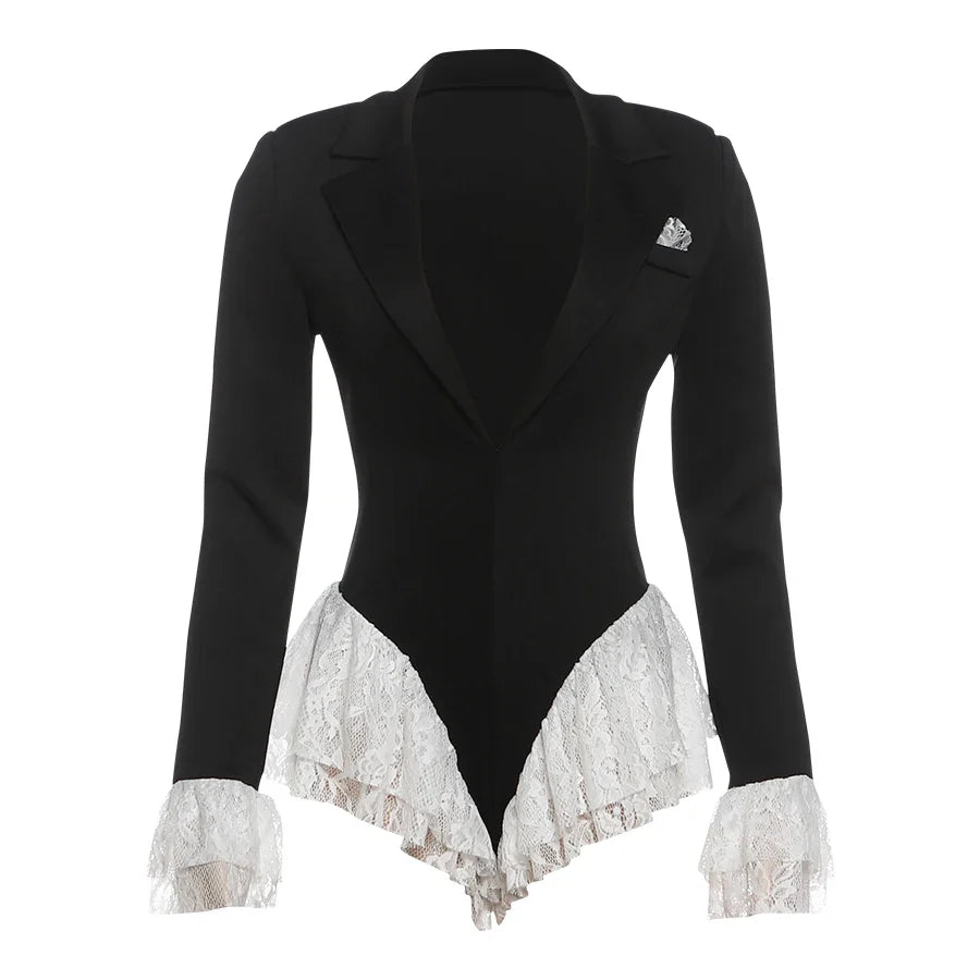 Sexy Ruffle Bodysuit Women Jacquard Deep V-Neck Lapel Tierred Patchwork Full Sleeve Elegant Stretch Skinny Clubwear