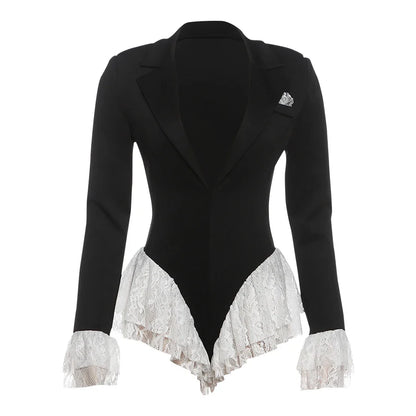 Sexy Ruffle Bodysuit Women Jacquard Deep V-Neck Lapel Tierred Patchwork Full Sleeve Elegant Stretch Skinny Clubwear