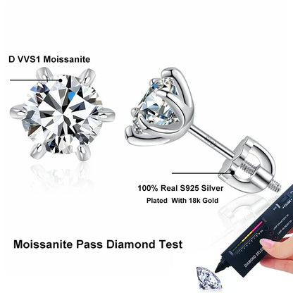 NeeTim 1ct 2ct Moissanite Screw Earrings for Women 925 Sterling Silver with Gold Plated Diamond Wedding Party Girl Stud Earrings