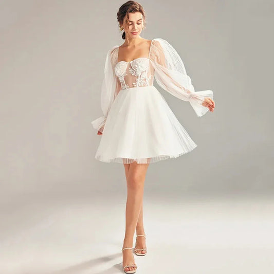 Short Wedding Dress Square Collar Lantern Long Sleeve Lace Applique Tulle Sexy Backless A-Line Bridal Civil Mini Customized Gown