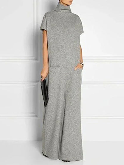 Women's Solid Color High Neck Pockets Elegant Maxi Dresses 2026 New Summer Short Sleeves Loose Urban Casual Long Dress