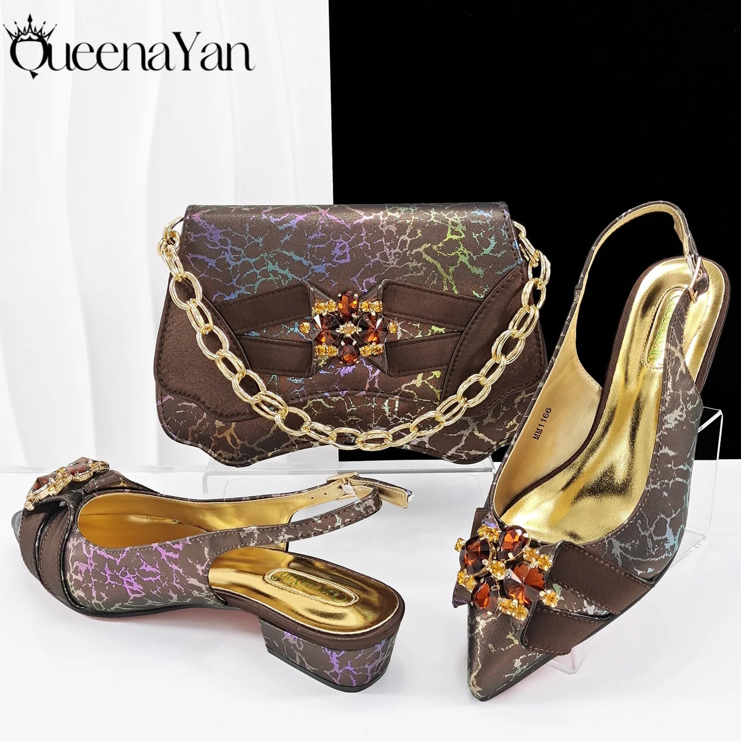 2025 New Summer Collection Stylish Italian Women’s Shoes and Bag Set Gold Colour Comfortable Low Heels With Rhinestone