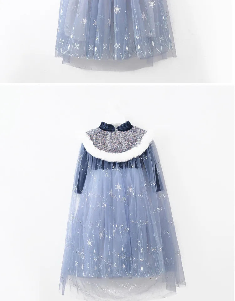 Girls' Spring 2026 New Velvet Elsa Frozen Princess Dress Kids Blue Cape 2 Piece Set Warm Dresses For Girl Party 3-9 Years Old ﻿