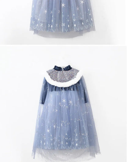 Girls' Spring 2026 New Velvet Elsa Frozen Princess Dress Kids Blue Cape 2 Piece Set Warm Dresses For Girl Party 3-9 Years Old ﻿