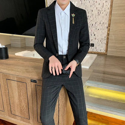 Autumn 2024 Men's Slim Fit Checkered Two-Piece Suit Korean Style Handsome Fashion Suit And Trousers Set