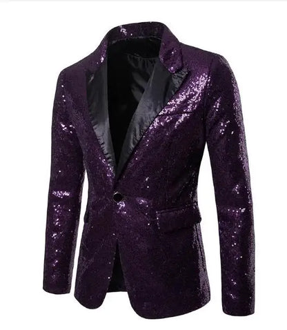 2026 Men's Suit Jacket, Shiny Sequin Stage Performance Coat, White Silver Blue Red Purple Blazers V-neck Single Button S-XXL