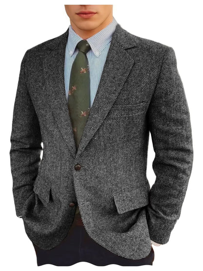 Men's Grey Herringbone Tweed Blazer Classic-Fit Notched Lapel Casual Jacket Slim Fit Business Wedding Suit Coat Plus Size