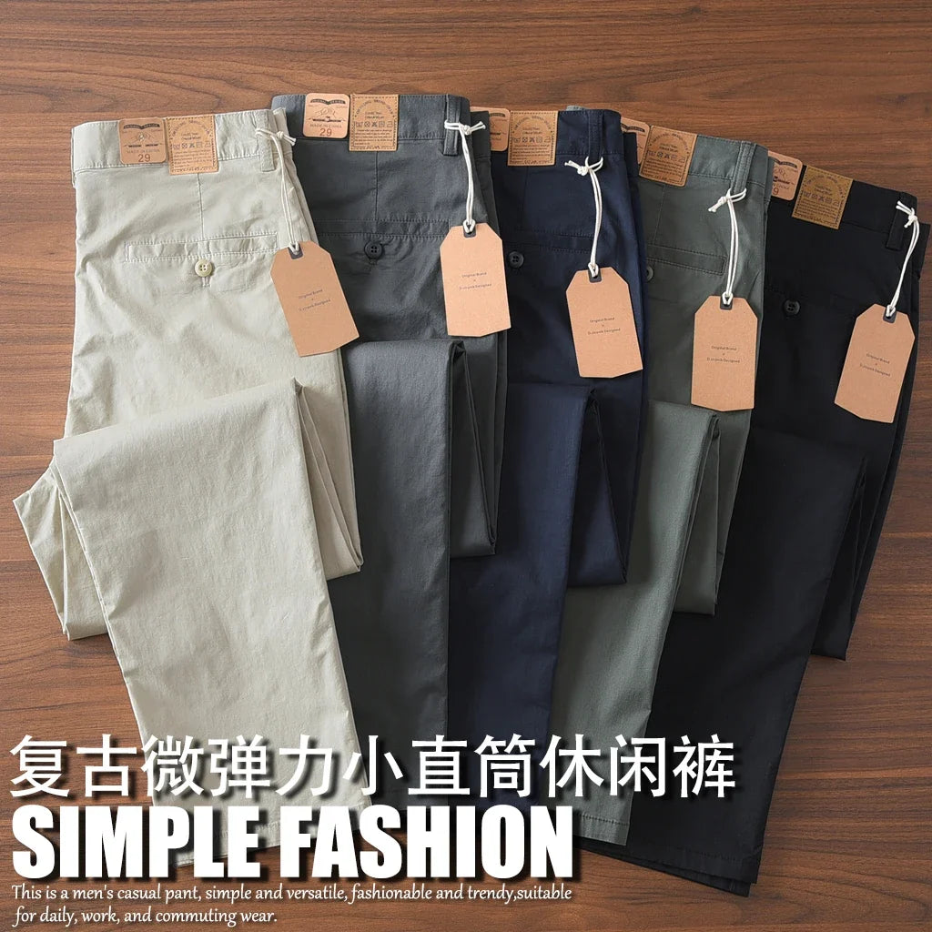 2025 Summer New American Retro Thin Micro Elasticity Casual Pants Men's Simple 97% Cotton Slim CHINO Business Straight Trousers