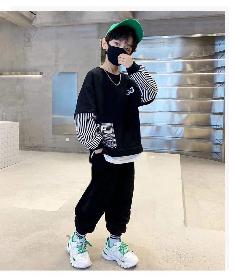 Spring Autumn Girls Boys Striped Patchwork Workout Sweatshirt+Sweatpant Set School Kid 2PCS Tracksuit Child Jogger Outfit 3-14Yr
