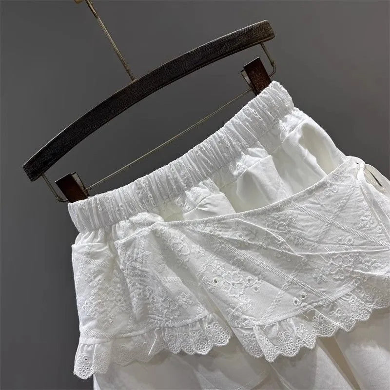 Summer 2025 White Asymmetrical Lace Skirt Women Casual Sweet High Waist A-Line Mini Skirt Elegant Fashion Floral Cake Skirt New