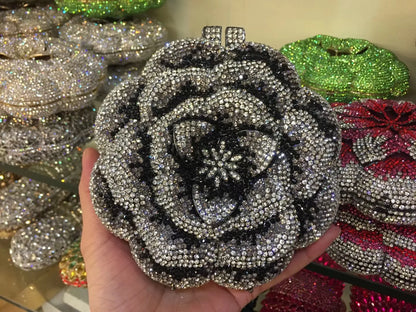 Rose Flower Crystal Evening Bags for Women Rhinestone Clutches Luxury Elegant Handbags Wedding Bride Gift Bags Banquet Shiny Bag