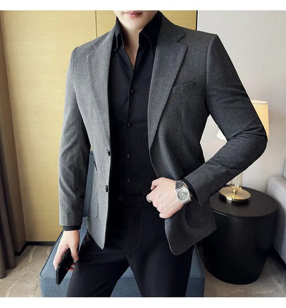 Korean Vintage Elegant Men's Business Slim Fit Suit Jacket 2026 New Fashion Lapel Single Breasted Men Social Party Dress Coats