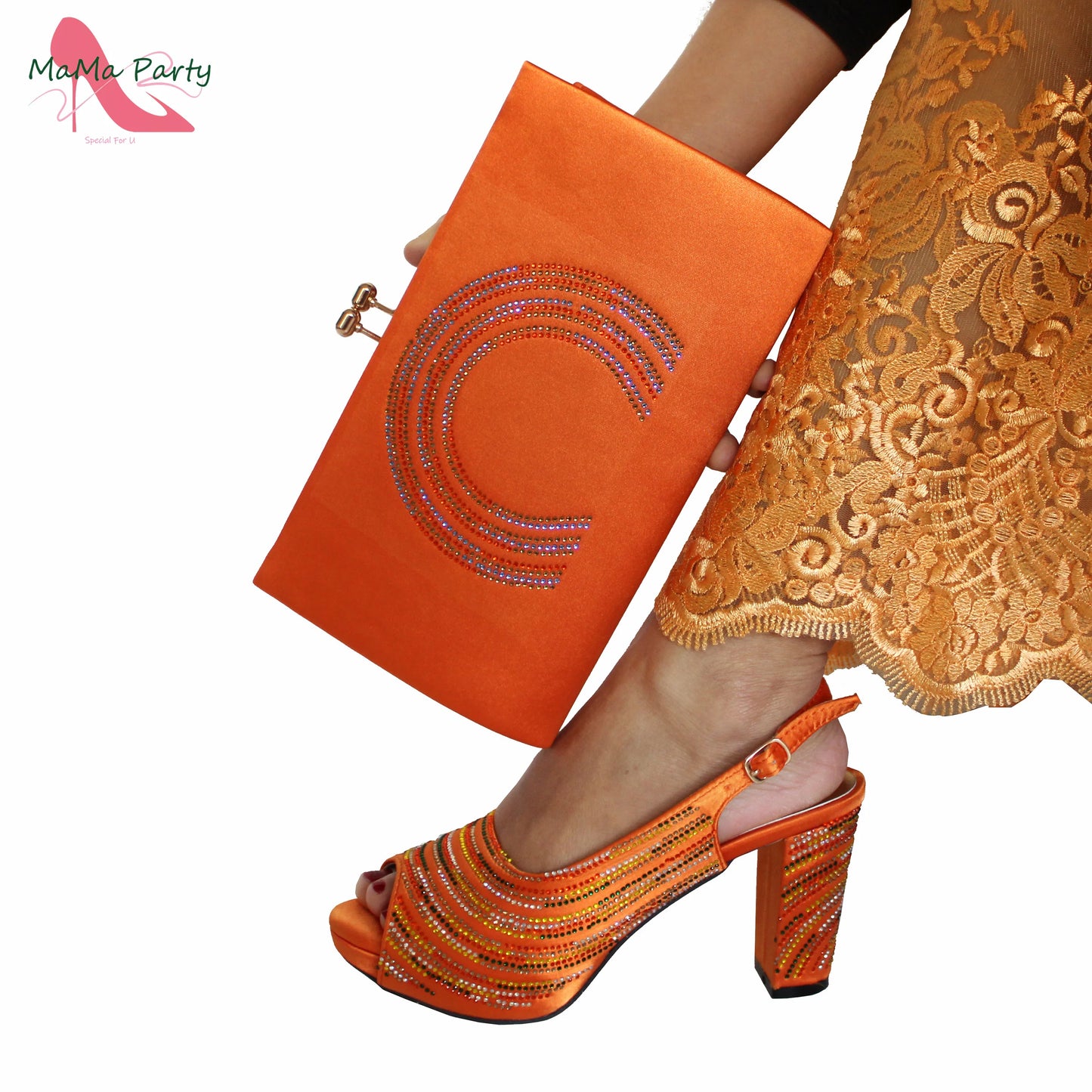 Orange Color Mature Pumps African Design Women Matching Shoes and Bag Set with Platform High Quality Sandals for Wedding