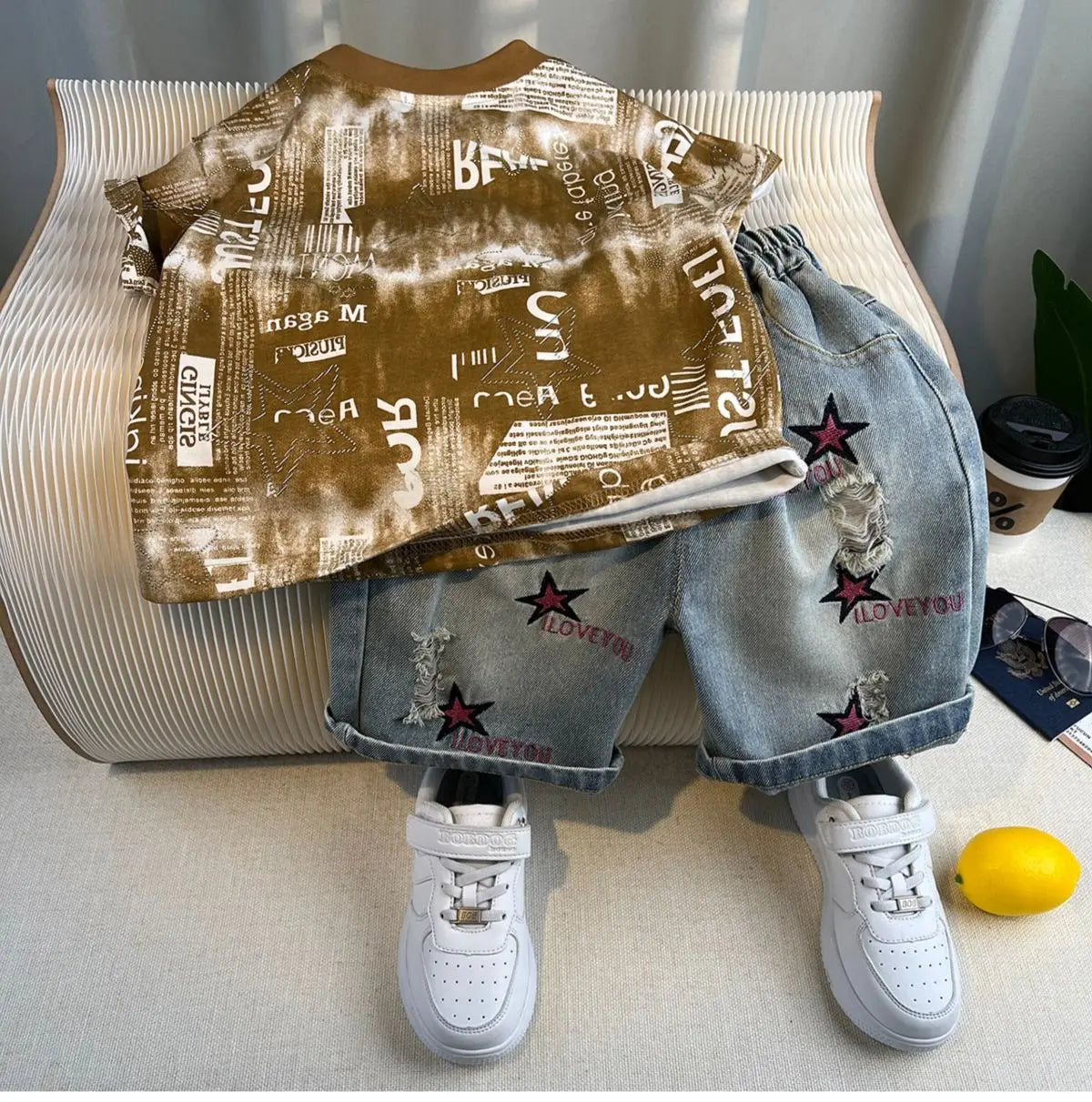 Korean Children's Summer Clothes Kids Set Outfits Boys 2026 Handsome Sleeveless&Short Sleeved T-shirt Denim Shorts 2-piece Set