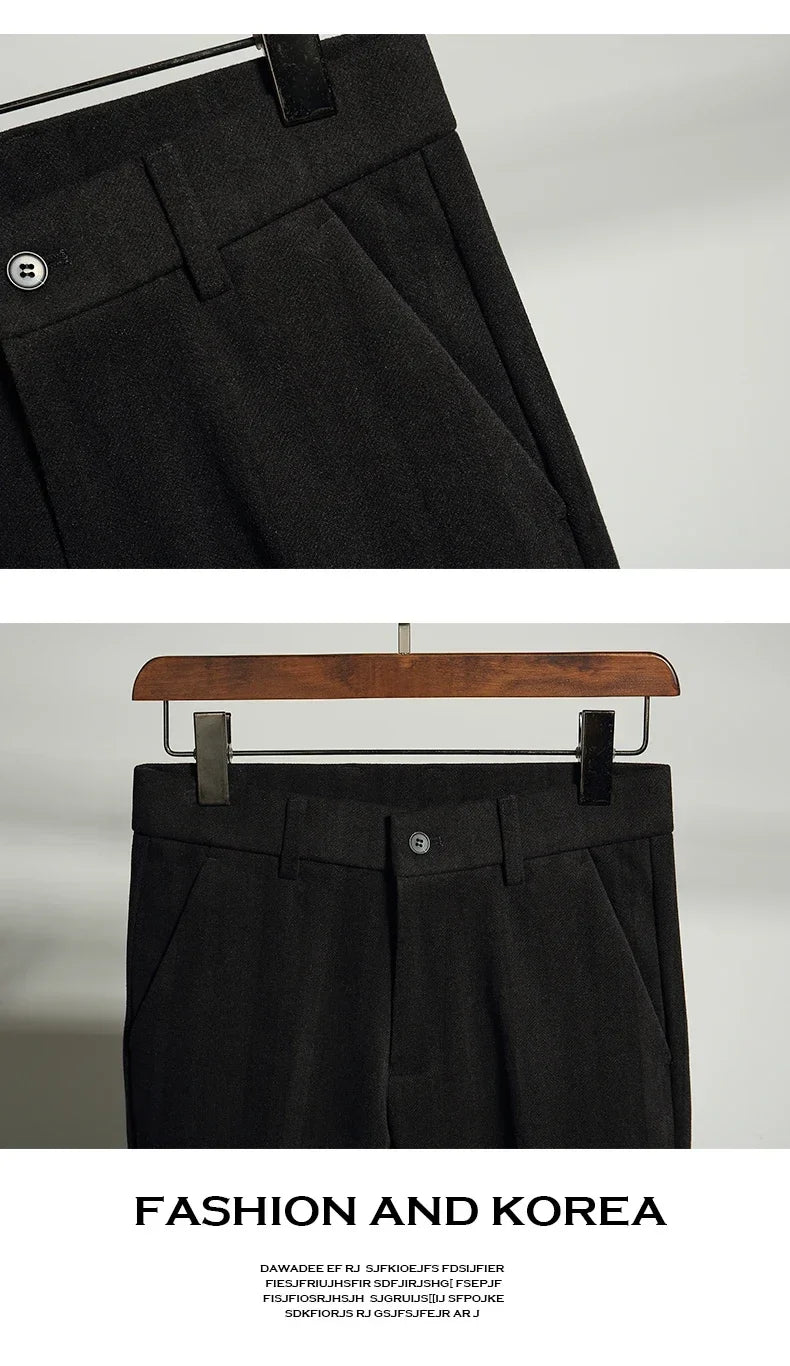 Autumn Winter Thickened Woolen Suit Pant High Quality Men Business Slim Striped Trousers Formal Wear Office Social Dress Pants