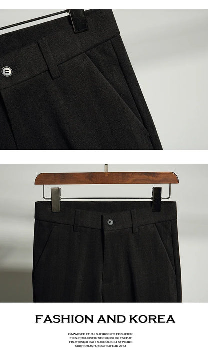 Autumn Winter Thickened Woolen Suit Pant High Quality Men Business Slim Striped Trousers Formal Wear Office Social Dress Pants