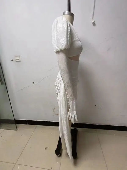 2024 New Fashion Red White Women Gloves Sexy Bodycon Mini Draped Dress Nightclub Party Bar Singer Birthday Celebrate Dress