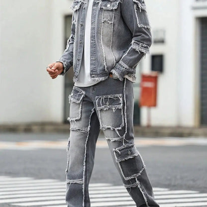 Men's Street Style Casual Distressed Raw-Hem Grey Denim Set, a Minimalist and Fashionable Two-Piece Ensemble.