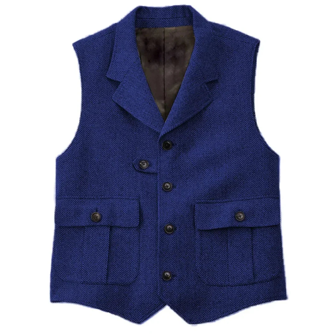 Men Vest Blue Herringbone With Lapel Single Button Waistcoat For Wedding Birthday Banquet Business Casual Work Men Suit Vest