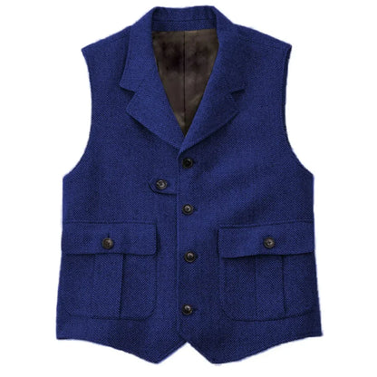 Men Vest Blue Herringbone With Lapel Single Button Waistcoat For Wedding Birthday Banquet Business Casual Work Men Suit Vest