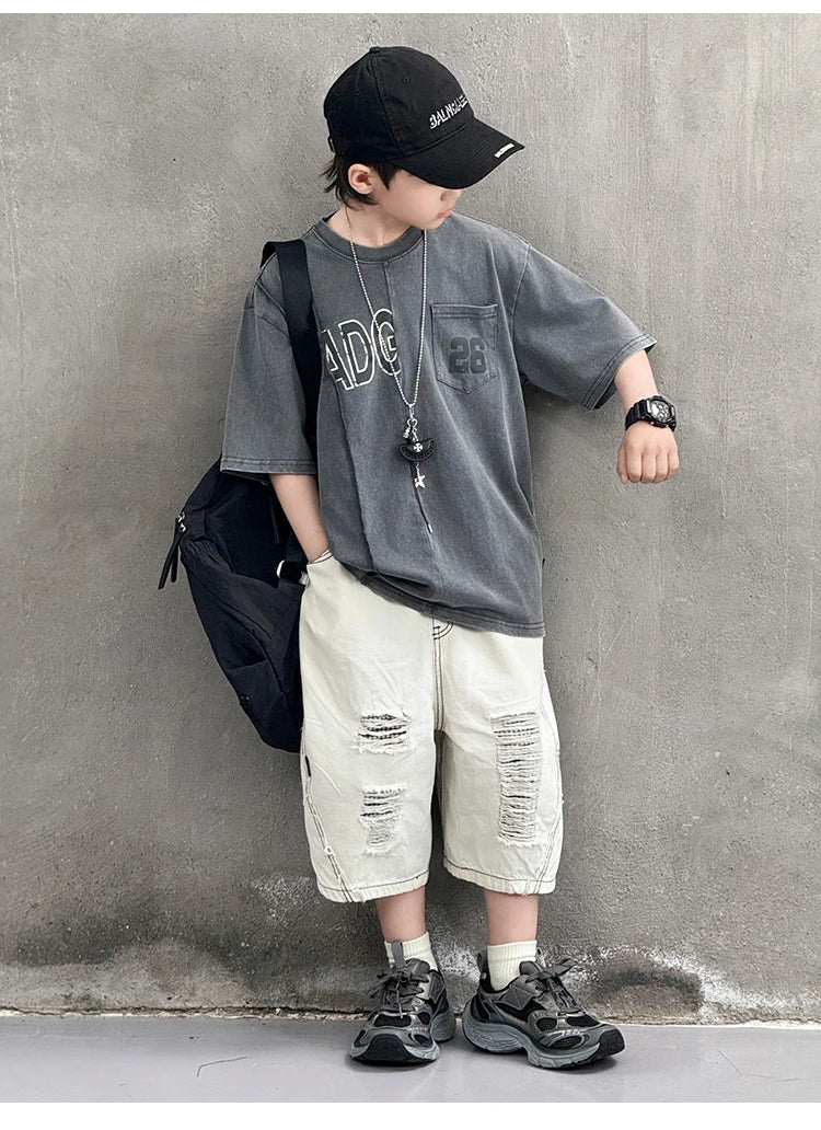 Cool Style Teenager Summer Set T-shirt And Ripped Denim Shorts Clothing Set for Kids Boy Age 7 To 14 Years Children Clothes Suit