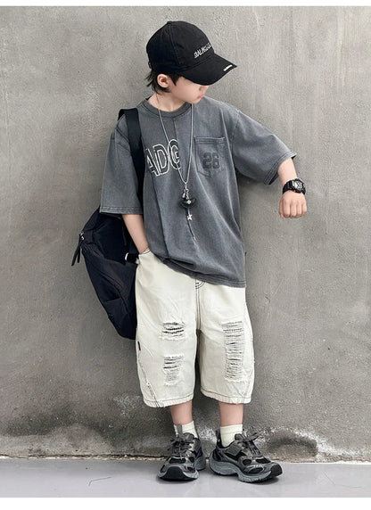 Cool Style Teenager Summer Set T-shirt And Ripped Denim Shorts Clothing Set for Kids Boy Age 7 To 14 Years Children Clothes Suit