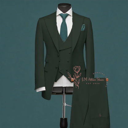 Light Green Men’s Suit Slim Fit Peak Lapel Jacket Double Breasted Vest Pants Wedding Formal 3 Piece Party Set For Groomsmen