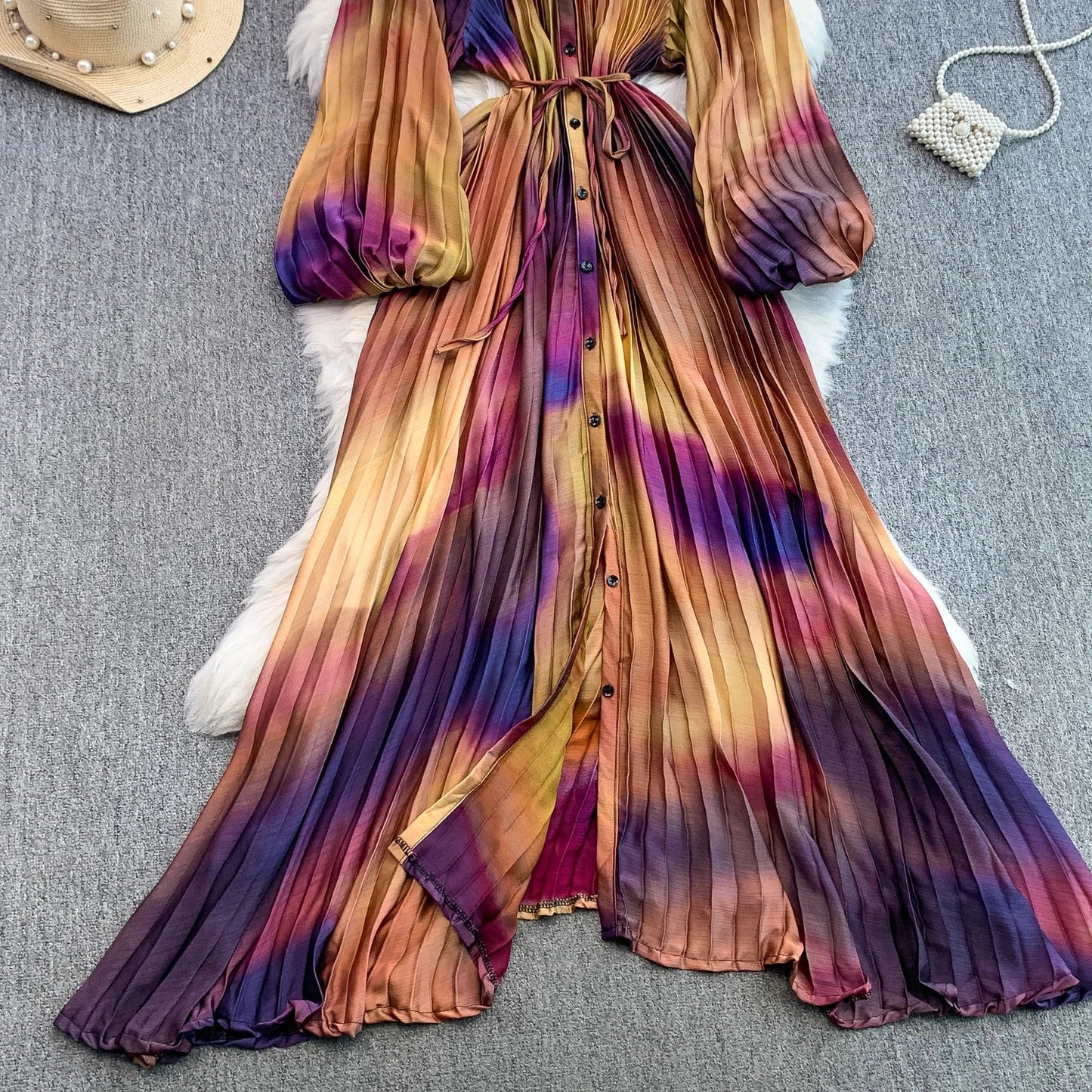Ele Printed round Ne Lantern Sve Dr Women's Single Button Waist Cinch Maxi Skirt Long Dr Commute Sle Autumn