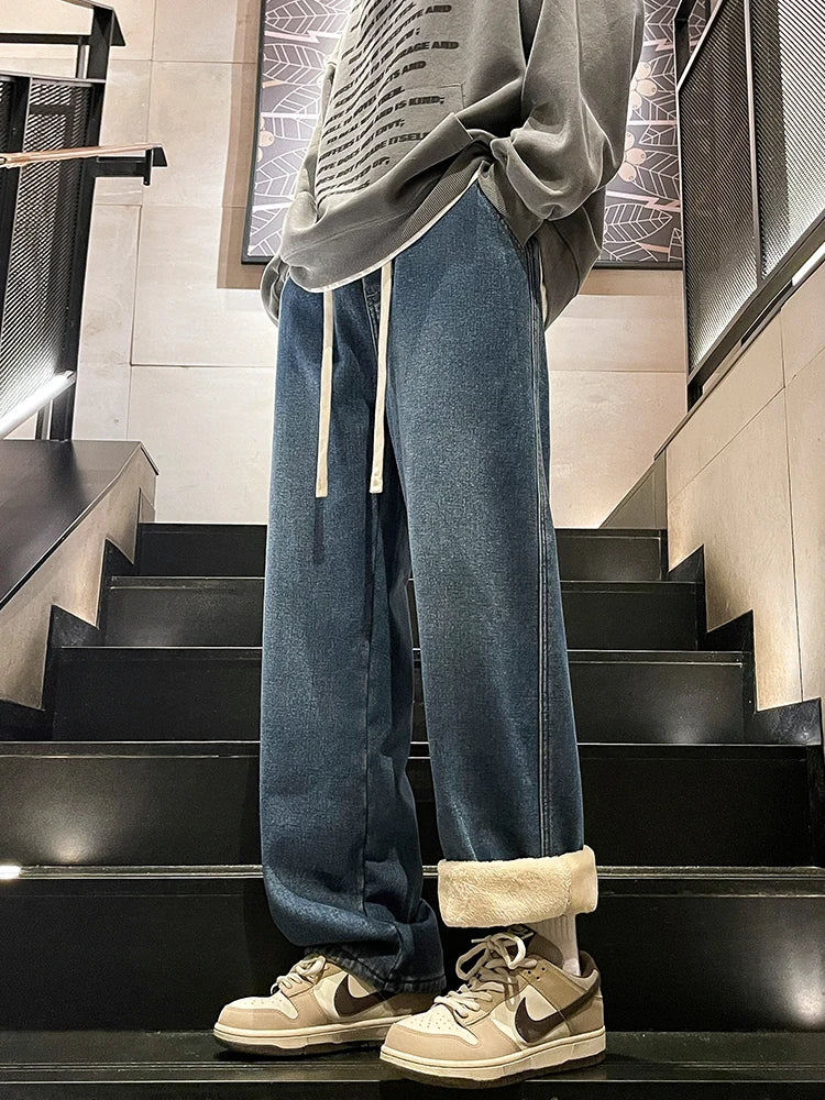 Men's Winter Jeans Fleece-Lined Brushed Thick Warm Denim Pants Korean Style Straight Fit Insulated Trousers Asians Size M-3XL