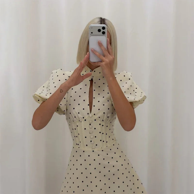 Retro Polka Dot Mini A-line Dress Elegant Stand Collar Puff Short Sleeve Waist-cinching Dresses 2026 New Lady Party Gowns
