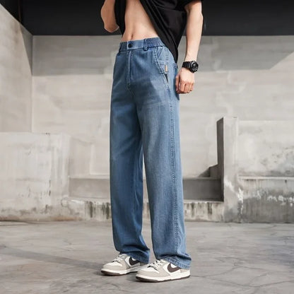 Thin Light Men's Summer Jeans Straight Fit Lyocell Denim Pants Male Elastic Elegant Casual New Style Stretch Relaxed Fit Telaxed