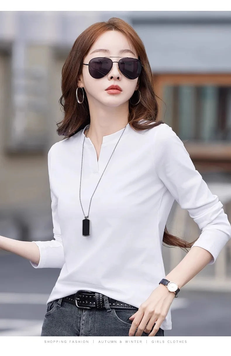 Spring and Autumn All Seasons Women's Long sleeved T-shirt Wine Red Pure Cotton New Fashion Large V-neck Slim fit Casual Top 3XL