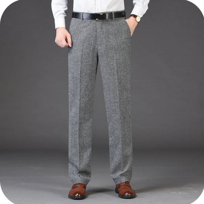 Autumn Winter Suit Pants Thicken Mens British Pants Straight Flat Loose High Waist Twill Dress Men Wool Trousers Size 40 42 44