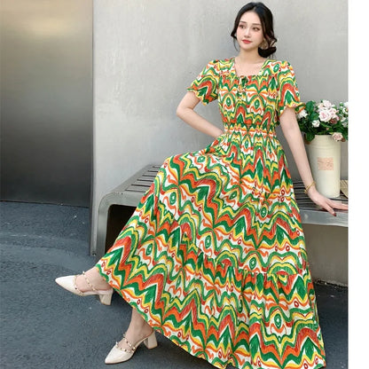 Summer New Cotton Silk Floral Print Maxi Dr ort Sve Beachwear High Waist Young Women's Large Skirt Swing Dr
