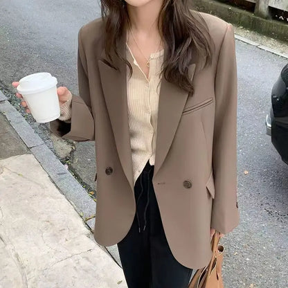 Casual Oversize Khaki Blazer with Shoulder Pads Women Notched Lapel Back Split Suit Coat Female Autumn Fashion Solid Streetwear