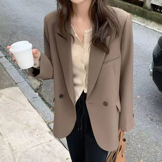 Casual Oversize Khaki Blazer with Shoulder Pads Women Notched Lapel Back Split Suit Coat Female Autumn Fashion Solid Streetwear