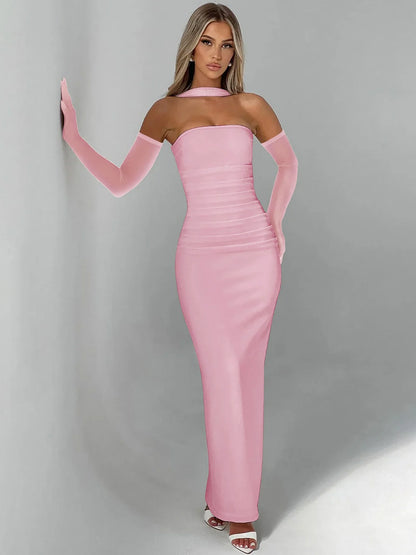 Elegant Scarf Strapless Solid Mesh Gloves Sexy Bodycon Maxi Prom Dress Women Fashion Y2K Outfits Wedding Party Birthday