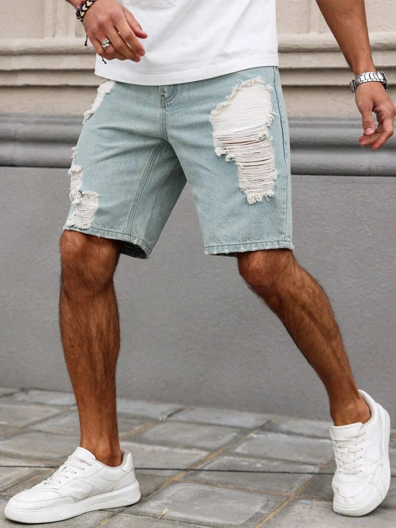 Men's Light Blue Ripped Denim Shorts, Summer Casual Streetwear Loose Straight-Leg Denim Shorts