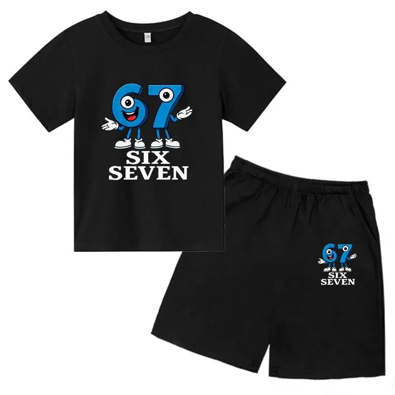 67 Funny Cartoon Number Print Kids Summer Casual 2PCS Breathable Tees+Short Pants Suits 2-13 Years Boys Girls Fashion Clothes