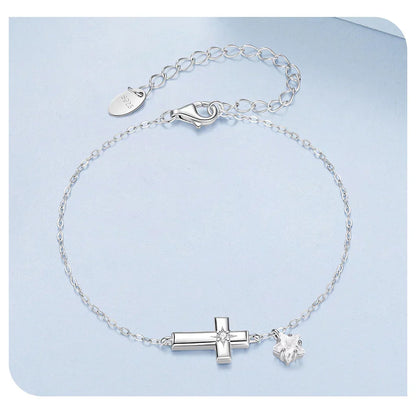 925 Sterling Silver Starlight Cross Bracelet Wrist Chain with Star Zircon Pendant Adjustable for Women Summer Daily Gift