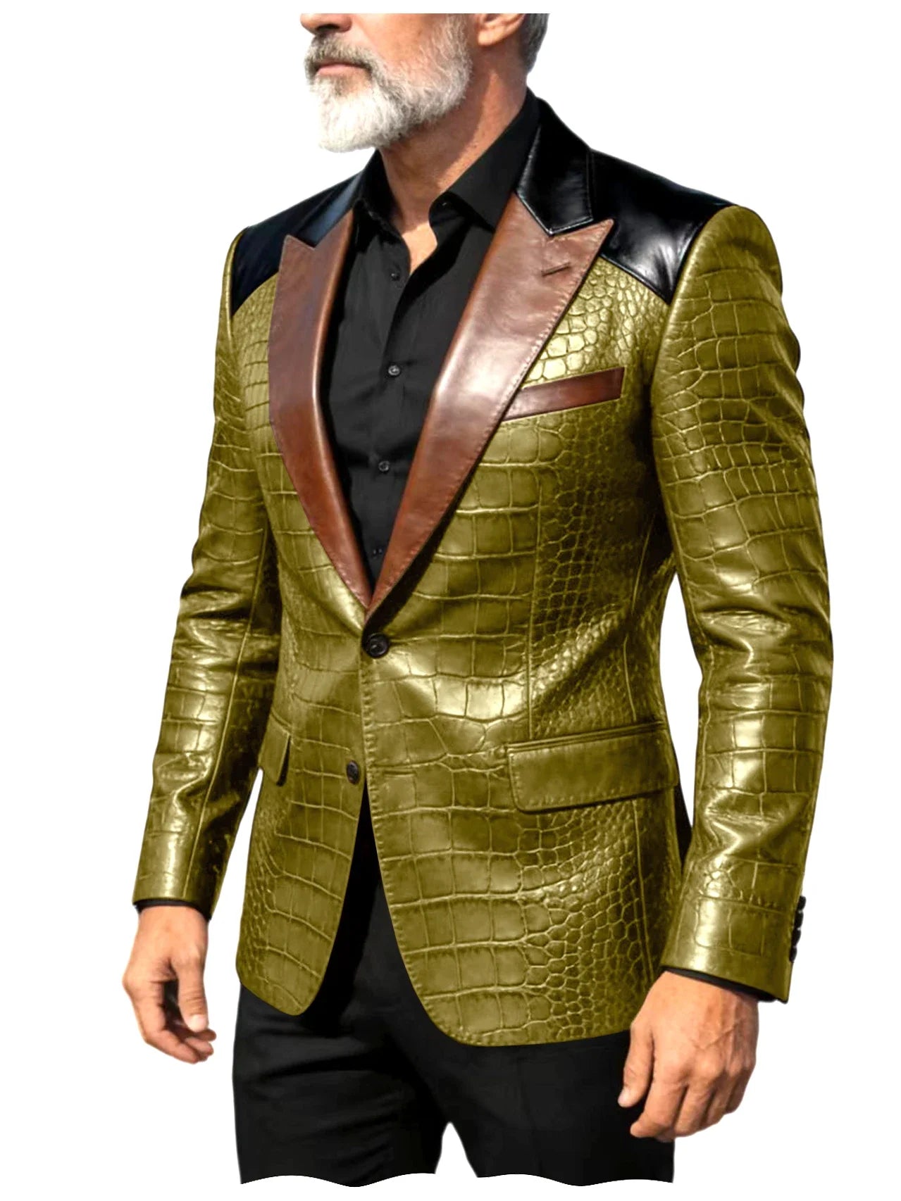 Men's Crocodile Embossed Leather Blazer Luxury Patchwork PU Leather Suit Jacket Slim Fit Peaked Lapel Casual Business Outerwear