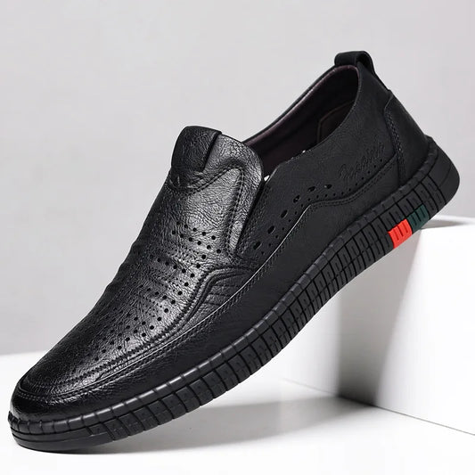 Summer New Breathable Hallow Leather Shoes for Men Solid Color Fashion Casual Driving Shoes Male Low Top Flat Shoes Man