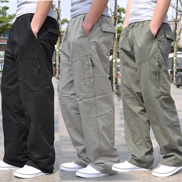 Spring Men cargo cotton pants pocket large size big 8XL 10XL 9XL 140KG loose out door casual safari style pants black 46 48 50