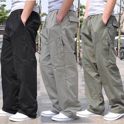 Spring Men cargo cotton pants pocket large size big 8XL 10XL 9XL 140KG loose out door casual safari style pants black 46 48 50